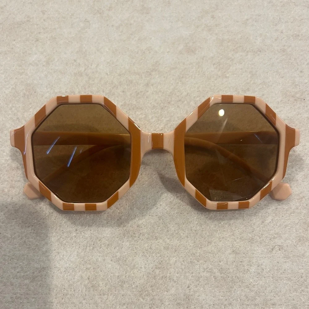 Kids Octagon Striped Sunglasses Geometric Retro Terracotta Cream Sunnies